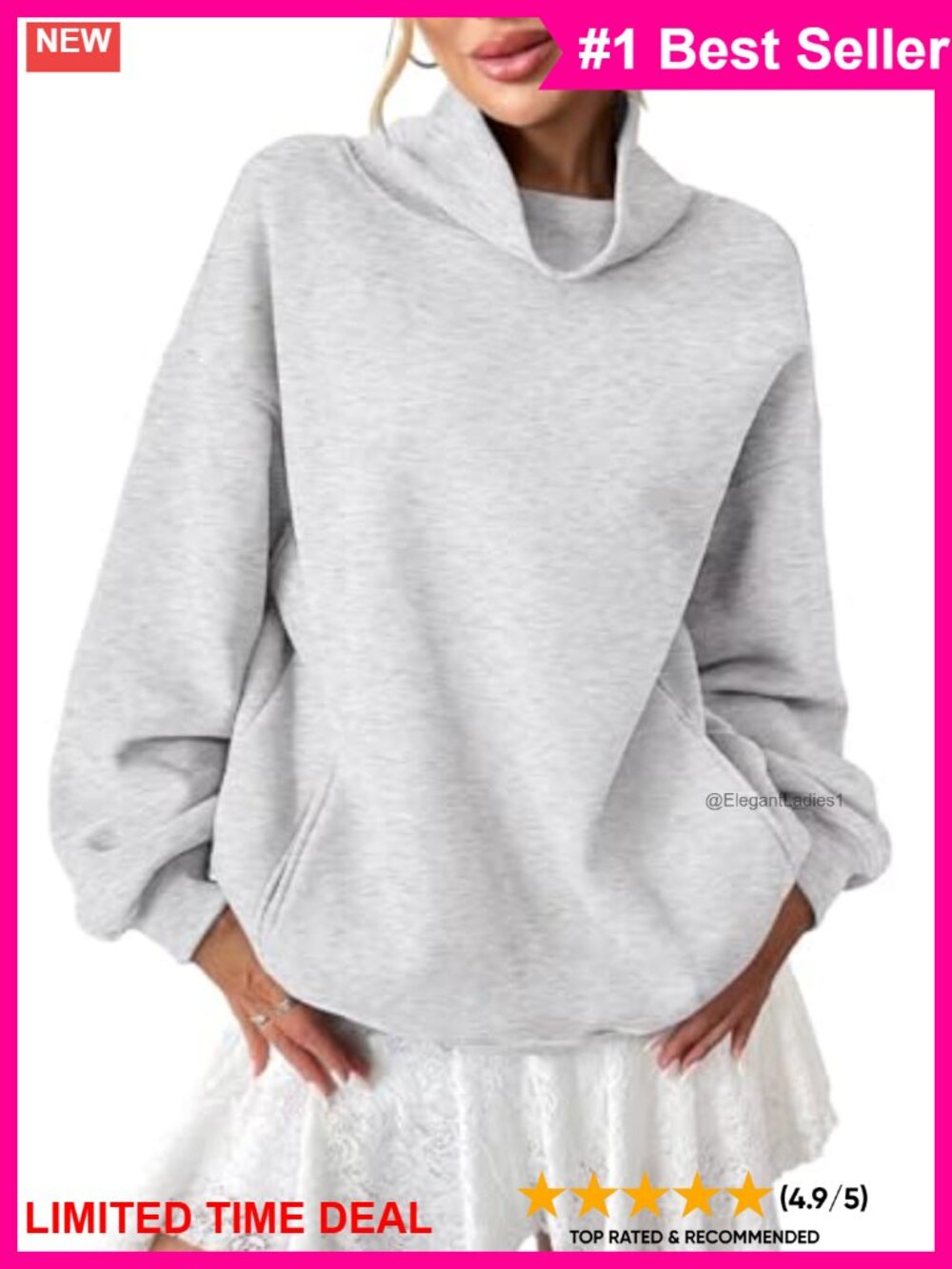 Fleece Turtleneck Pullover Sweatshirt with Pockets Oversized